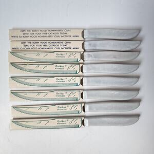 Vintage QuiKut Stainless Steel Steak Knives Set Of 8 Grey Colored Handles USA